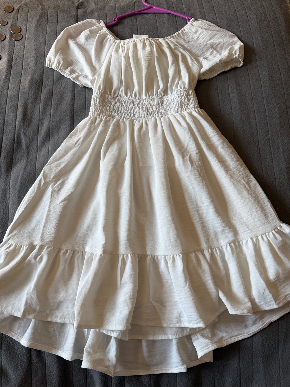 Girls Cream Smocked Waist Ruffle Dress